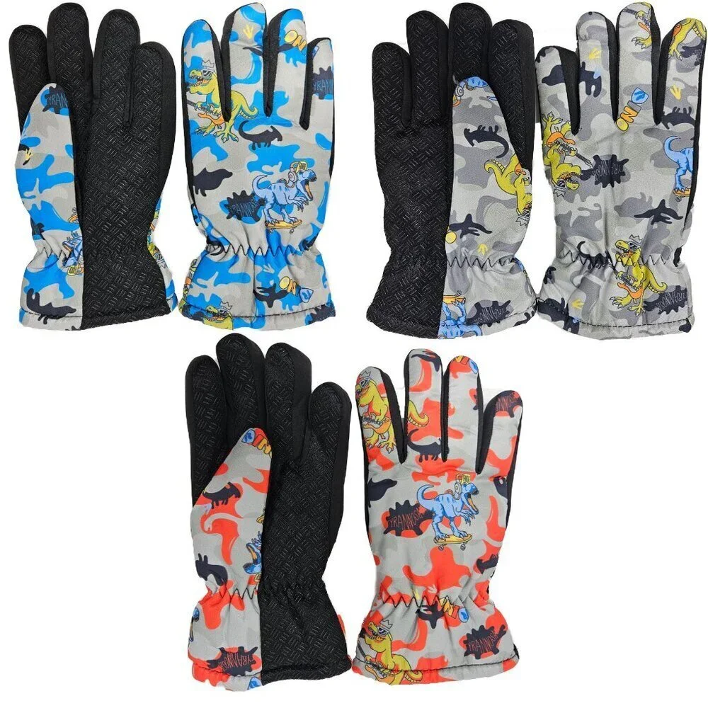 Kids Winter Gloves Boys Girls Ski Glove Faux Fur Lined Dinosaur Designs, 3-Pack